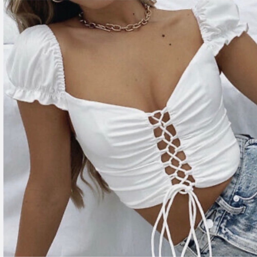 White Fox White Ruffled Bustier Crop Top with Cap Sleeves